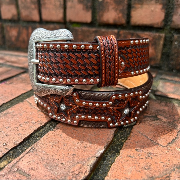 RANGER BELT COMPANY Western Style Stars and Hide Size 30” Hand Tooled  Leather - Picture 3 of 13